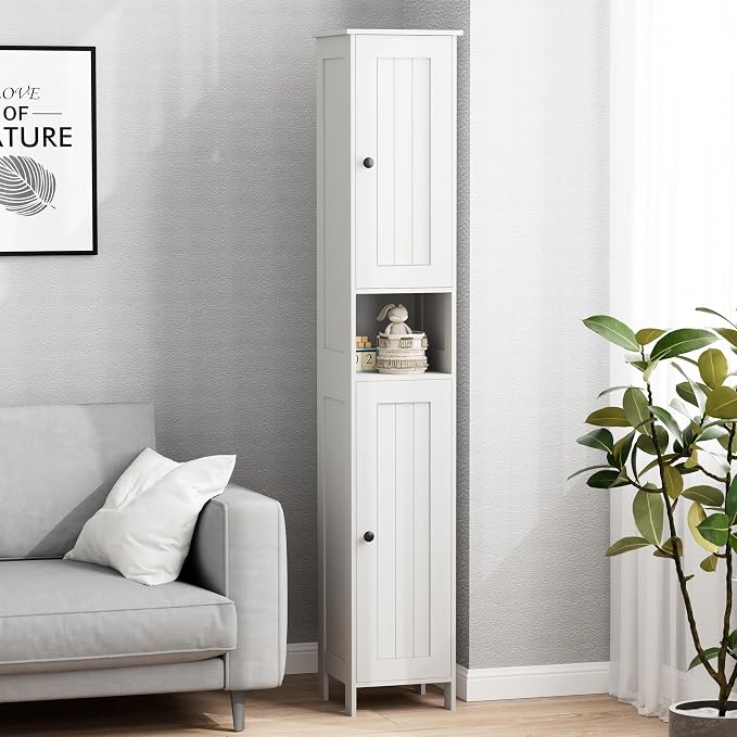 Homleke Tall Bathroom Storage Cabinet with 2 Doors, 67"H Narrow Storage Cabinet with Adjustable Shelves& Anti-Tip Design, Reversible Door Installation, Easy Assembly, 11.8 x 11.8 x 66.9 Inches, White