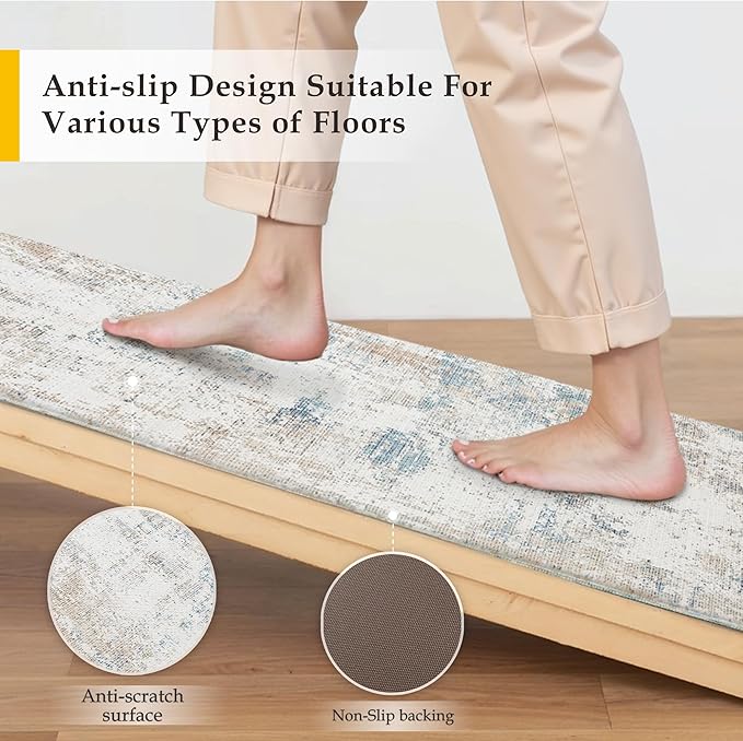 Kitchen Mats for Floor Set of 2 Anti Fatigue Waterproof Kitchen Rug Beige Blue Abstract Cushioned Non-Slip Kitchen Mats Comfort Standing Neutral Mat for Sink Laundry Office 17.3"×47"+17.3"×30"