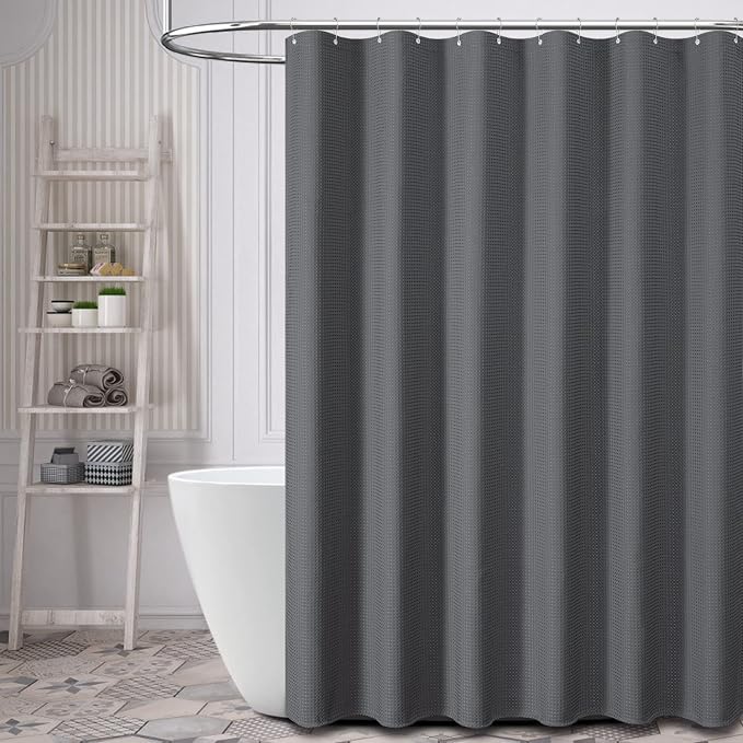Dynamene Long Fabric Shower Curtain - 78 inch Long Waffle Weave Weighted Cloth Shower Curtains for Bathroom, Heavy Duty Hotel Spa Luxury Bath Curtain Set with 12 Plastic Hooks,72x78, Charcoal Grey