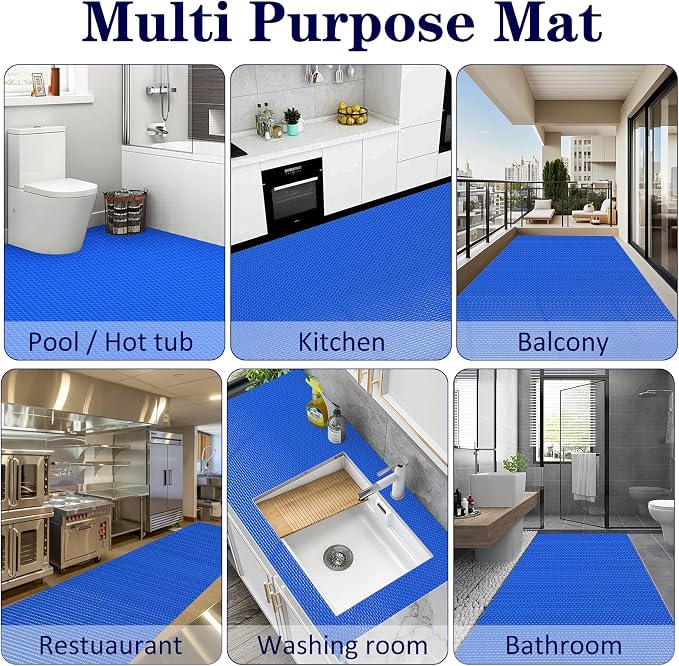 Drainage Mat 3x16 Ft 0.22” Thick PVC Commercial Floor Mat Non Slip Pool Mat S-Shaped Shower Floor Heavy Duty Roll for Wet Area Kitchen Hotels Bars Bathroom Patio Outdoor Indoor Rug (Blue, 3x16 Ft)