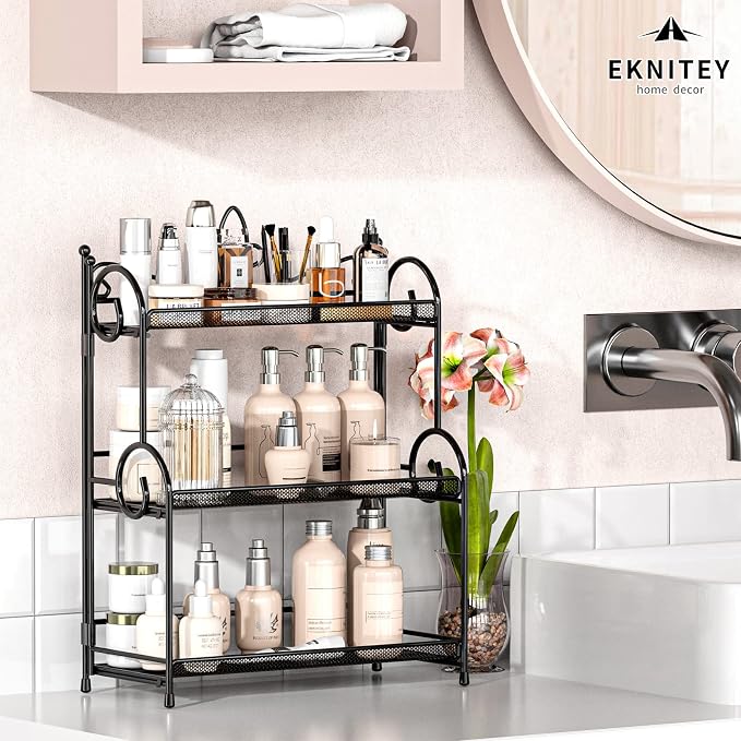 EKNITEY Bathroom Counter Organizer - 3 Tier Spice Rack Organizer Skincare Countertop Organizers for Bathroom Kitchen Bedroom Black (No Assembly)