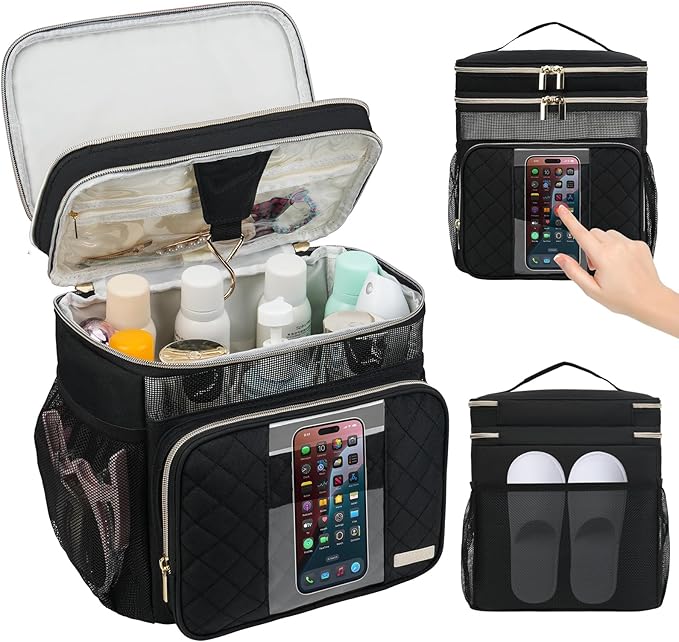 Large Toiletry Bag for Women Men, Portable Shower Caddy College Dorm Essentials, 2 Layers Quickly Dry Mesh Bathroom Tote Bag, Hanging Makeup Organizer Bag for Travel, Gym, Camping (Black)