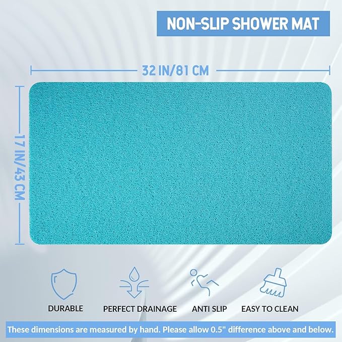 Hargiis Non-Slip Bathtub Mat, Anti Slip Shower Mat, Fast Drying Bathtub Mats, Foot Scrubber Mat, Anti Slip Mat for Tub, Floor, Bathroom, Kitchen, Home, Hotel (Turquoise Blue 32"×17")