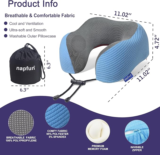 napfun Neck Pillow for Traveling, Upgraded Travel Neck Pillow for Airplane 100% Pure Memory Foam Travel Pillow for Flight Headrest Sleep, Portable Plane Accessories, Sky Blue
