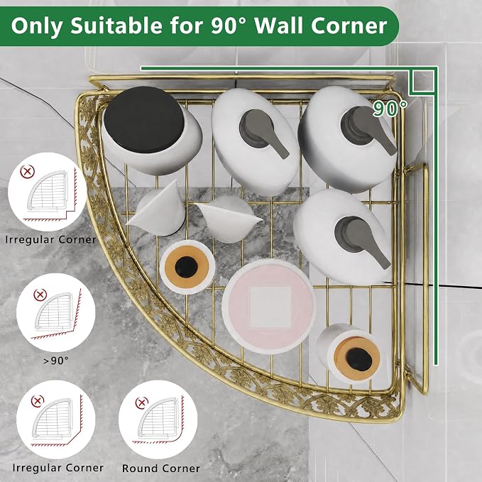 Gold Corner Shower Caddy - 2 Tier No Drilling Adhesive Shower Shelves, Gold Bathroom Shower Organizer with 4 Hooks, Wall Mounted Shower Rack for Inside Shower, Decorative Shower Corner Shelf