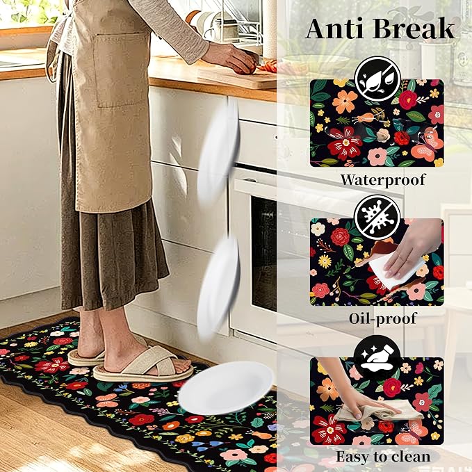 Kitchen Rugs Set of 3, Black Vintage Floral Scalloped Anti Fatigue Mats, Cushioned Non Slip PVC Floor Rugs, Comfort Standing Kitchen Floor Mats for Sink Laundry Office Home, 18x30, 18x48,18x60 Inch