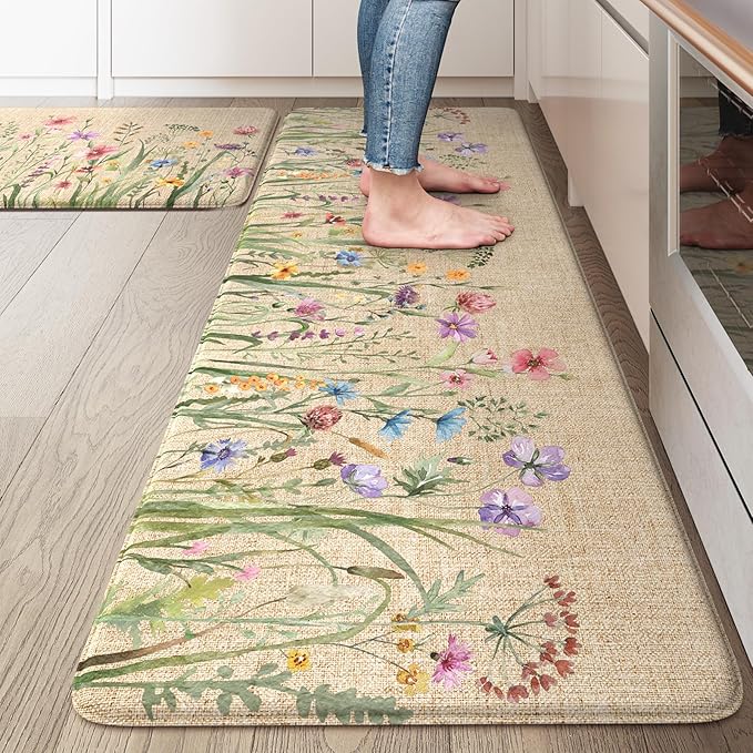 KIMODE Anti Fatigue Kitchen Mats, Farmhouse Kitchen Rugs Sets of 2, Non Slip Waterproof Kitchen Floor Mats, Ergonomic Cushioned Standing Mats for Sink, Laundry, Desk Brown 20"x47"+20"x32"