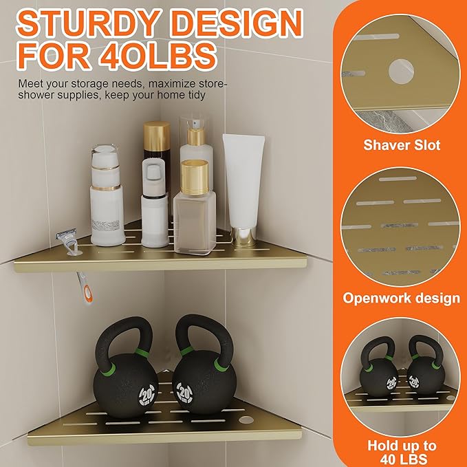2 Pack Gold Corner Shower Shelves, 304 Stainless Steel Corner Wall Mounted Bathroom Organizer Caddy with Razor Slot, 10’’ Rust-Proof Floating Shelf for Shower Storage (Fits 90° Tile Walls,Holds 15lbs)