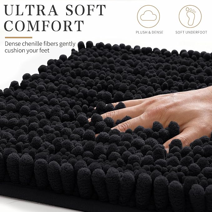 Yimobra Bathroom Rugs Non Slip Washable - Ultra Soft Absorbent Chenille Bath Mat, Quick Dry Shaggy Floor Carpet for Tub Shower, Black Home Decor Accessories, 24x17 Inch