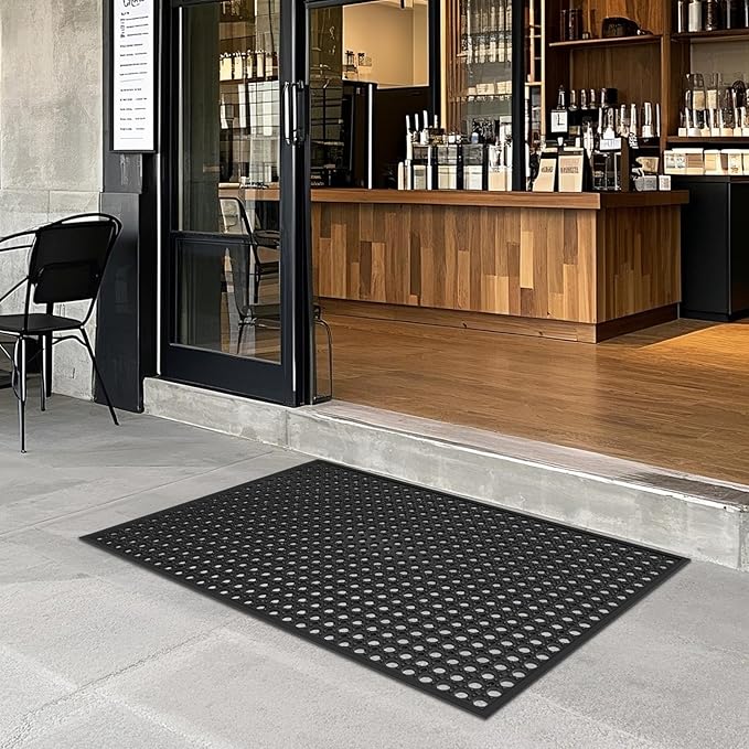 Outdoor Rubber Mat Kitchen Anti-Fatigue Floor Mats (24" x 36") Restaurant Bar Floor Mat New Rubber Non Slip Drainage Mat Black
