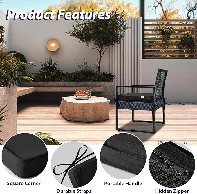 IPYNBAP Outdoor Chair Cushions Set of 4 -Waterproof Outdoor Seat Cushions for Patio Furniture, Patio Chair Cushion with Handle and Ties, Out Door Chair Pads,19x19x3-Square, Black
