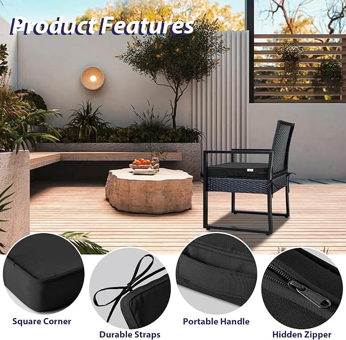 IPYNBAP Outdoor Chair Cushions Set of 4 -Waterproof Outdoor Seat Cushions for Patio Furniture, Patio Chair Cushion with Handle and Ties, Out Door Chair Pads,18.5x16x3-Square, Black