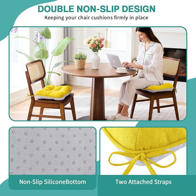 BETU Chair Cushions for Dining Chairs Set of 4,3.5" Thick Kitchen Table Chair Pads with Ties,Non Slip Backing and Covers, Seat Cushion for Dining Room,Bar,Patio Chairs,15.5"X15.5"X3.5",Gold