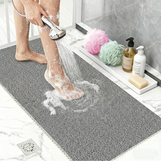 BLESWIN PVC Loofah Shower Mat 32"x16", Soft Textured Non Slip Bath Mats for Inside Shower, Shower Mats with Drain, Washable, Quick Drying Bath Mats for Bathroom Wet Areas, Grey