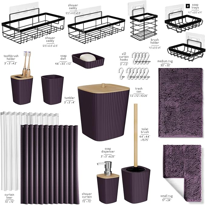 Clara Clark Bathroom Accessories Set - 27PC Bathroom Set with Adhesive Corner Shower Caddy Hanging, Bathroom Sets with Shower Curtain and Rugs, Purple Shower Curtain Set with Bathroom Trash Can