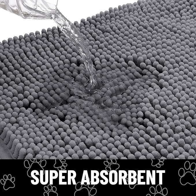 Smiry Dog Door Mat for Muddy Paws, Absorbent Dirt Trapper Non Slip Quick Dry Washable Chenille Mat for Mud Dogs, Entry Rug for Indoor and Outdoor (70x24 Inches, Dark Grey and Black)