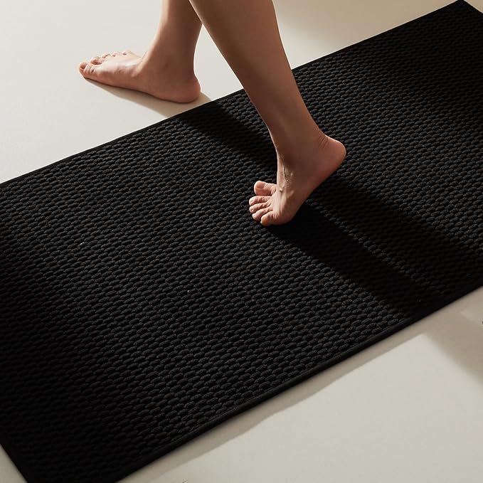 TYUU Black Bathroom Rugs Non Slip Washable, Super Absorbent Thin Bath Mat Quick Dry Low Pile Bathroom Rug, Black 20''x48''