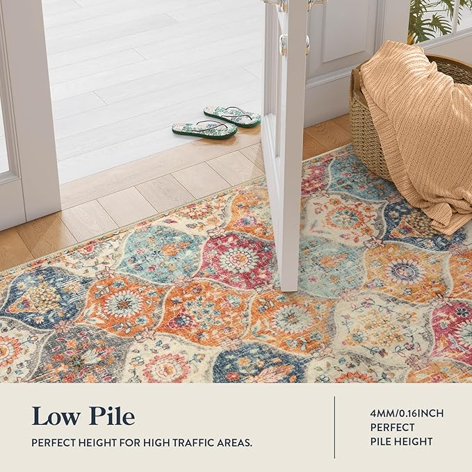 Lahome Moroccan Trellis Washable Runner Rug, 2x6 Kitchen Runners for Hallways 6 Feet Non Slip, Vintage Laundry Room Rug Ultra-Thin Carpet for Bathroom Bedroom Entryway Elise, Cream/Multi