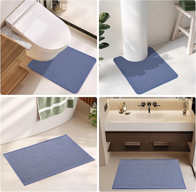 TYUU Bathroom Rugs Non Slip Washable, Super Absorbent Thin Bath Mat Small Quick Dry Low Pile Bathroom Rug, Denim Blue 20"x30"