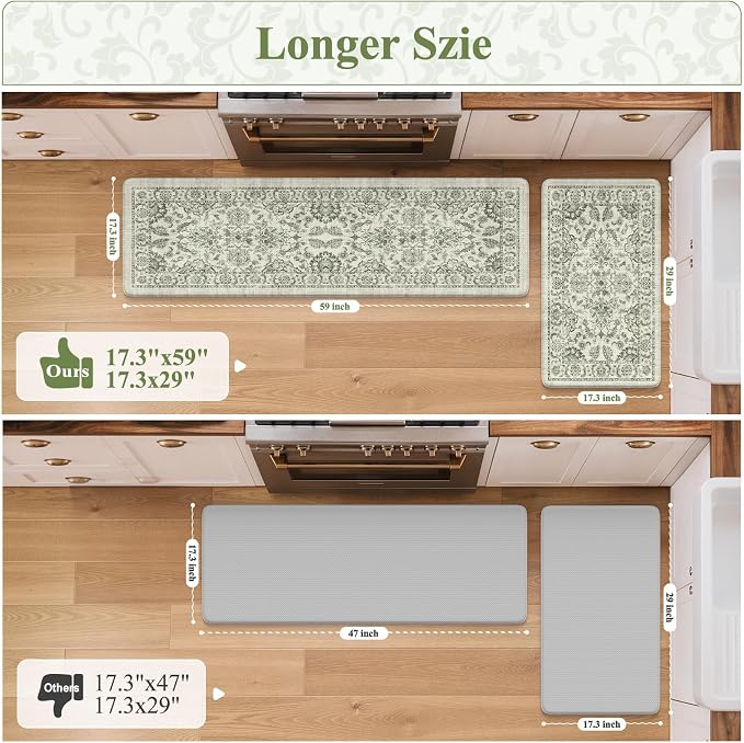 KIMODE Kitchen Mats Cushioned Anti Fatigue 2 PCS, Boho Kitchen Mats Stain Resistant, Standing Kitchen Runner Rug, Non Slip Waterproof Kitchen Sink Floor Mat, 17.3"x59"+17.3"x29", Sage Green