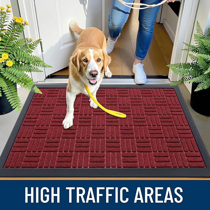 OLANLY Front Door Mat Outside Entrance 47x23, Absorbent, Heavy Duty Sturdy Natural Rubber Doormat Indoor Outdoor, Non-Slip, Stain and Fade Resistant, Low Profile Floor Mat for Entryway, Black Red