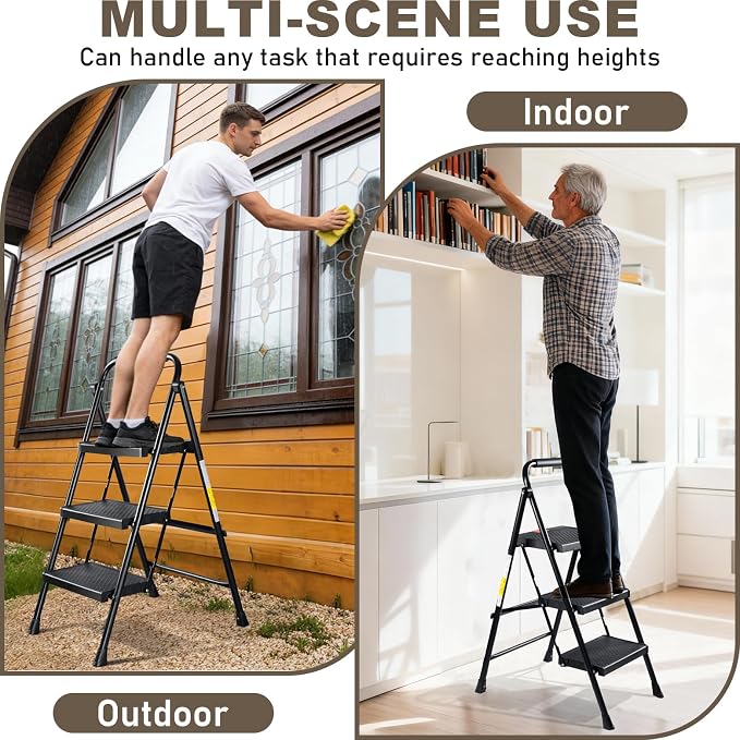 Valeo 3 Step Ladder, 3 Step Ladder for Adults with with Safe-Lock Design, Wide Anti-Slip Pedal, 500lbs Sturdy Steel Ladder, Step Stool Foldable with Cushioned Handle,Black