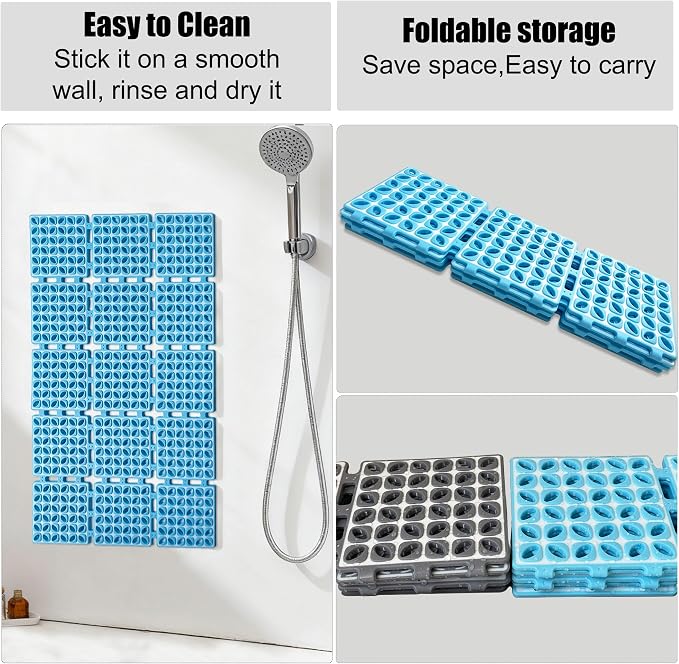 Non Slip Shower Mat for Bathtub with Strong Suction Cups | Quick-Dry Drain holes.Firm Yet Elastic Surface Massages Feet.Boosts Circulation.Sticks to Wall to Dry,Folds.26.2"x15.6" Blue