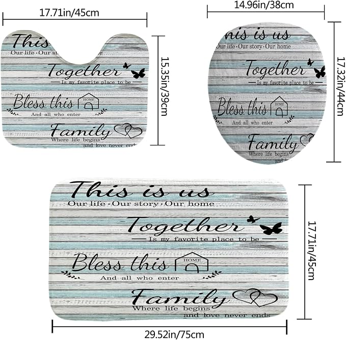 4Pcs Family Shower Curtain Sets with Non-Slip Rugs, Toilet Lid Cover and Bath Mat, Wood Grain Home Bathroom Decor Set Accessories Waterproof Shower Curtains with 12 Hooks, 72 x 72 Inch