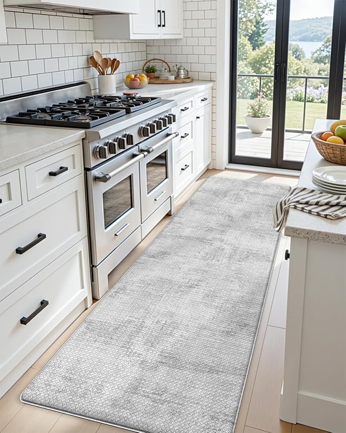 DEXI Kitchen Mats Cushioned Anti Fatigue, 23x86 Floor Padded Runner Rug Non Slip, Waterproof Standing Comfort Memory Foam for Front Sink Laundry, Light Grey