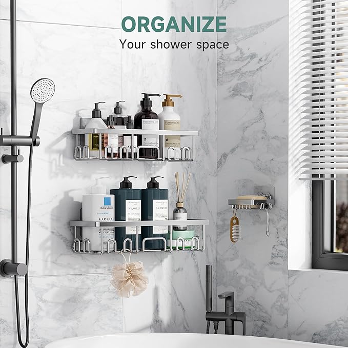 Veken Shower Caddy 3-Pack, Advanced Rustproof Design, No Drilling Adhesive Shelves, Rack with Soap Holder, Large Capacity Bathroom Organizers and Storage, Wall-Mounted Kitchen & Home Decor