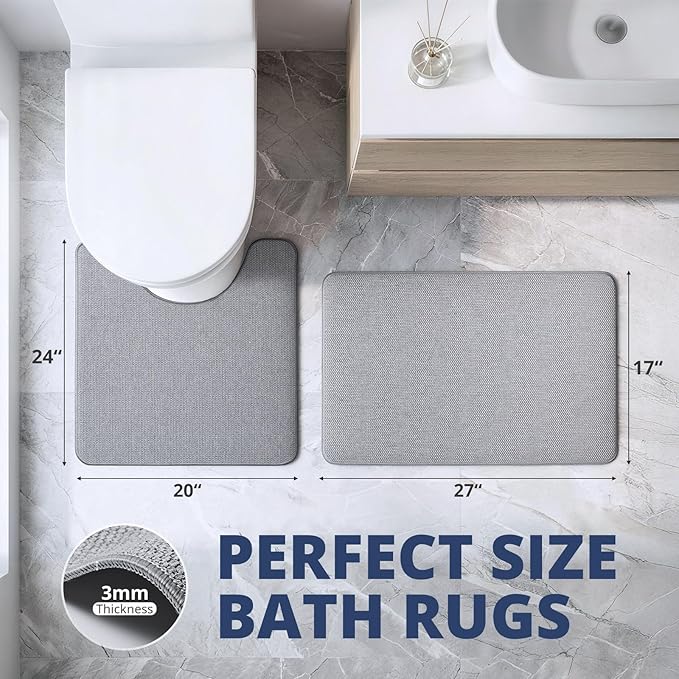 Bathroom Rugs Sets 2 Piece, Thin Bath Mat & U-Shaped Contour Toilet Rug Absorbent Quick Dry, Machine Washable, Non Slip Low Pile Bath Mats for Bathroom/Tub/Sink/Shower (27"x17" Plus 24"x20" U, Grey)