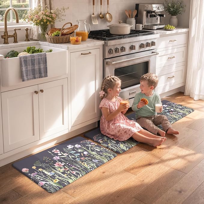 KIMODE Anti Fatigue Kitchen Mat, Farmhouse Floral Kitchen Rugs, Kitchen Floor Mats Non-Slip,Comfort Kitchen Mats for Floor Sink, Laundry, Office, Desk Dark Grey/Purple 17"x47"+17"x29"