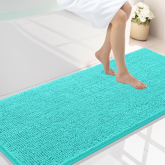 Smiry Luxury Chenille Bathroom Rugs 59x24, Extra Soft and Absorbent Shaggy Bath Mat, Machine Washable, Non-Slip Plush Carpet Runner for Tub, Shower, and Floor, Home Decor Accessories, Turquoise