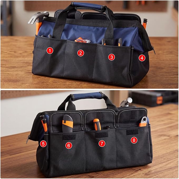 Sanwuta 3 Pack Tool Bag for Men with Waterproof Hard Bottom, Heavy Duty Tool Bag Wide Mouth Tote for Various Instrument, Electrician Carpenter Mechanic(Blue, Red, Yellow,18 Inch,Side Pockets)