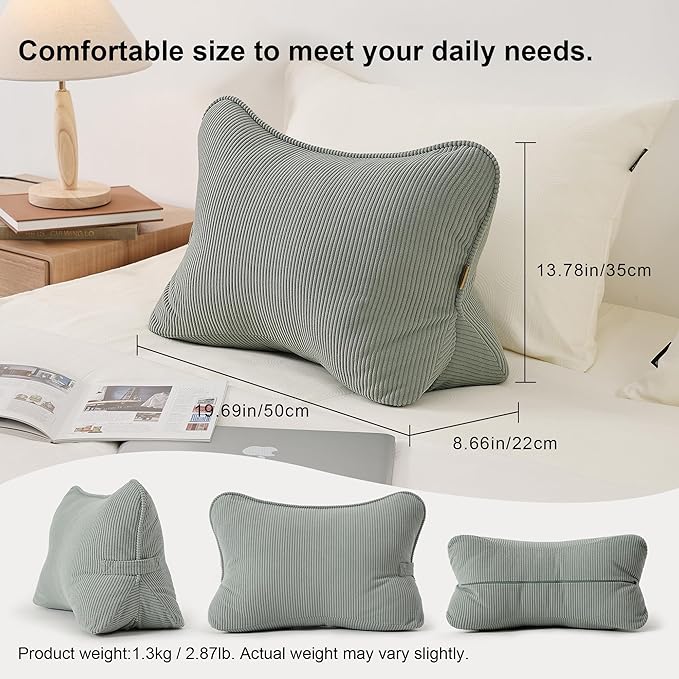 Pat. Pend. Corduroy Lumbar Support Back Pillow for Sitting Up & Reading, Ergonomic Triangle Back Support Cushion for Sofa, Armchair & Bed, Removable Washable Cover, Grey Green