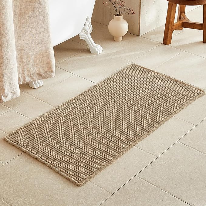 TYUU Waffle Bath Mat, Boho Bathroom Rugs Non Slip Washable Super Absorbent Quick Dry Farmhouse Bathroom Decor, 48"x24" / 4'x2' Khaki