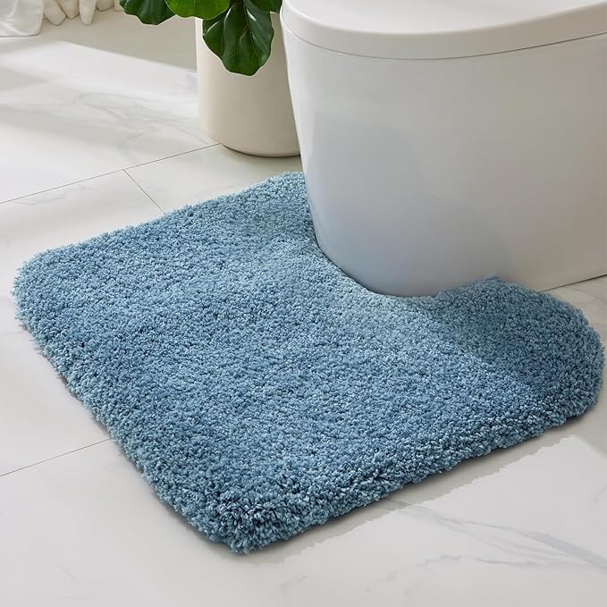 ILANGO Blue Toilet Rugs U Shaped 22" × 24" Non Slip & Super Absorbent Extra Thick Soft, Washable Bath Mats for Bathroom Floor, Microfiber Plush Shaggy Contour Bath Rugs for Toilet,Dry Quick