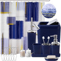 XLHOMO Blue Bathroom Accessories Set, Bathroom Sets with Shower Curtain, Navy Blue Bathroom Accessories with Trash Can, Soap Dispenser, Soap Dish, Toilet Brush Holder, Qtip Holders for Bathroom