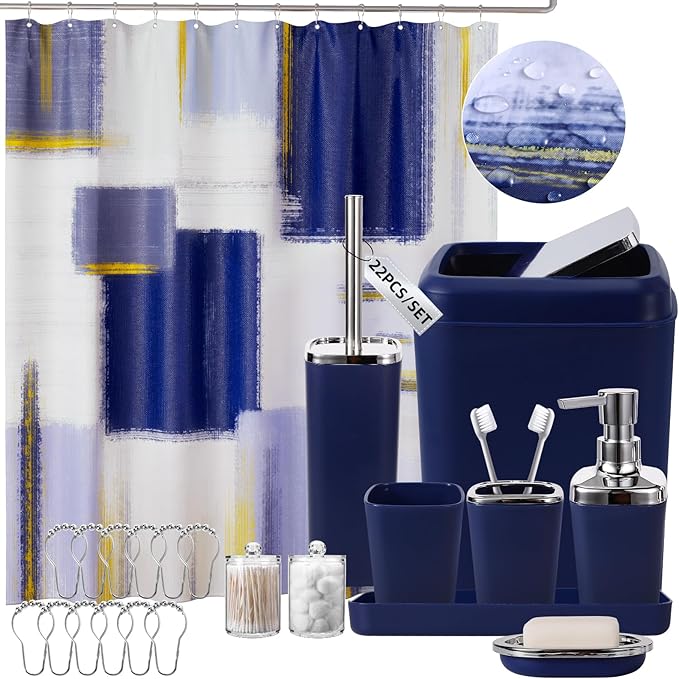 XLHOMO Blue Bathroom Accessories Set, Bathroom Sets with Shower Curtain, Navy Blue Bathroom Accessories with Trash Can, Soap Dispenser, Soap Dish, Toilet Brush Holder, Qtip Holders for Bathroom