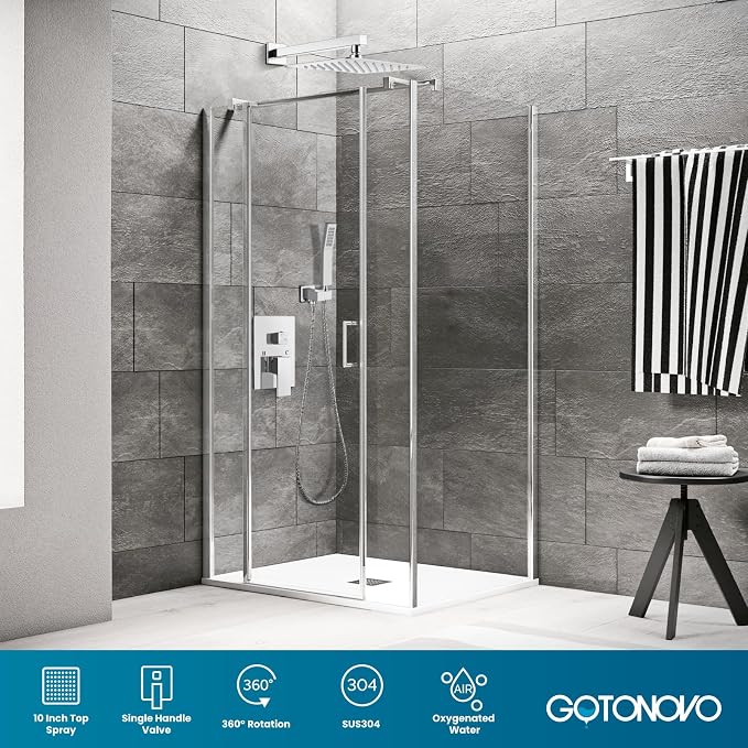gotonovo Rainfall Bathroom Shower System Rain Shower Head and Handle Set Wall Mounted Shower Complete Combo Solid Brass Pressure Balancing Shower Mixer Valve 10 Inch Polished Chrome