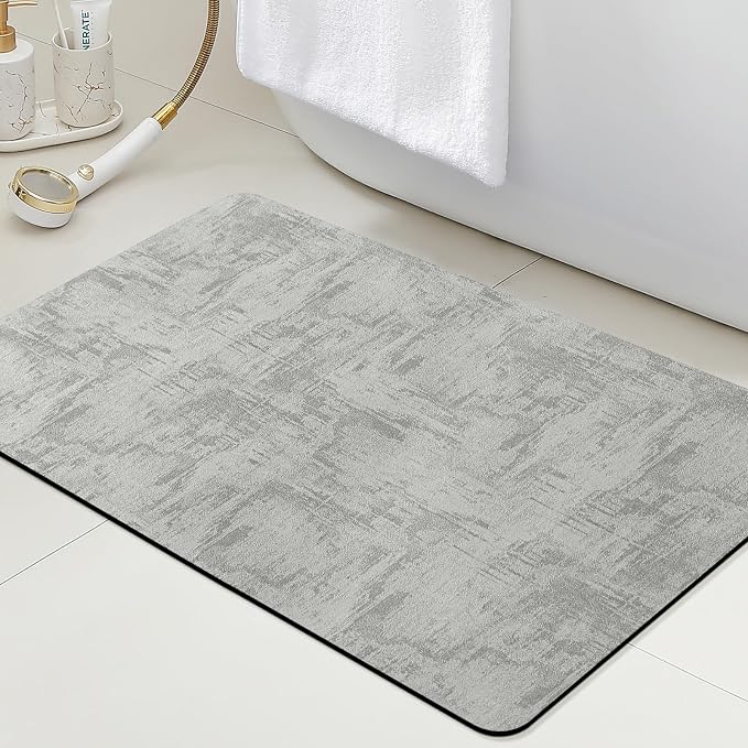 ACCUMTEK Non Slip Bath Mat, Thin Bathroom Rugs Fit Under Door, Quick Dry Bath Mats, Machine Washable Bath Rugs for Bathroom, Bathtub & Kitchen, Bathtub, Light Gray/Marble/24 x17