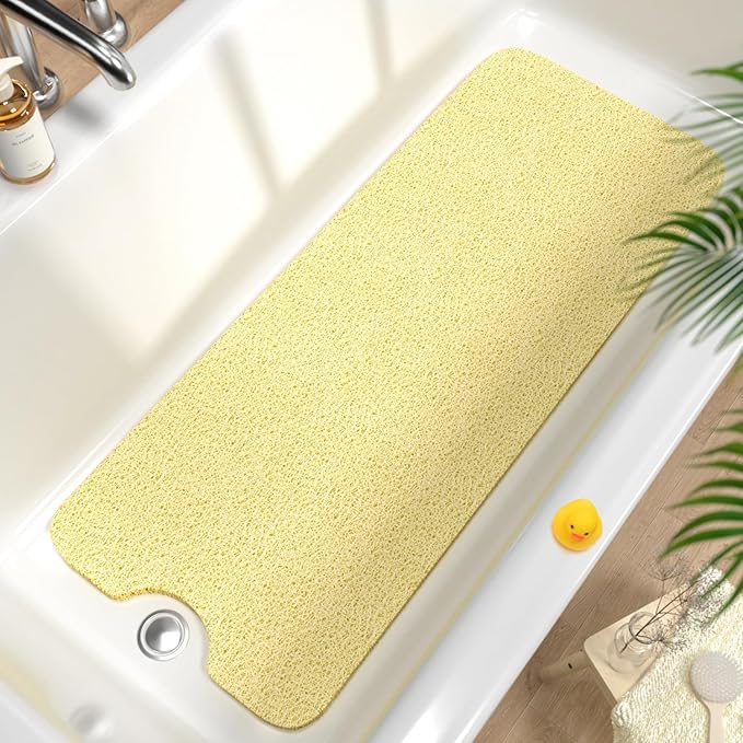 HITSLAM Non Slip Bathtub Mat 40 x 16 Inch, Extra Long Bath Mat for Tub, Soft PVC Loofah Shower Floor Mat with Drain, Quick Drying Bathroom Tub Mat for Wet Area, Without Suction Cup, Beige