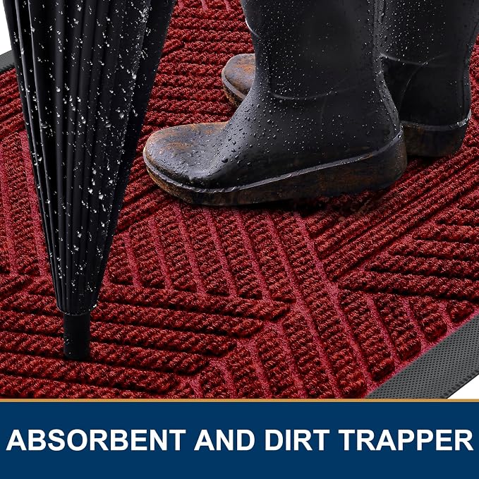 Smiry Front Door Mat Outside Entrance, Heavy Duty Sturdy Natural Rubber Doormat, Trap Dirt and Moisture, Easy Clean Low Profile Mats for Indoor Outdoor Entry, Irregular Triangle (29.5x17, Deep Red)