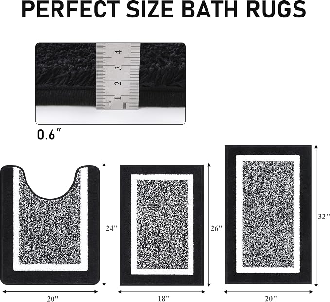 Pauwer Bathroom Rug Sets 3-Piece Shower Rugs with U-Shaped Contour Toilet Mat Absorbent Microfiber Plush Bath Mats Non Slip Machine Washable Shaggy Bathroom Floor Mats, Black