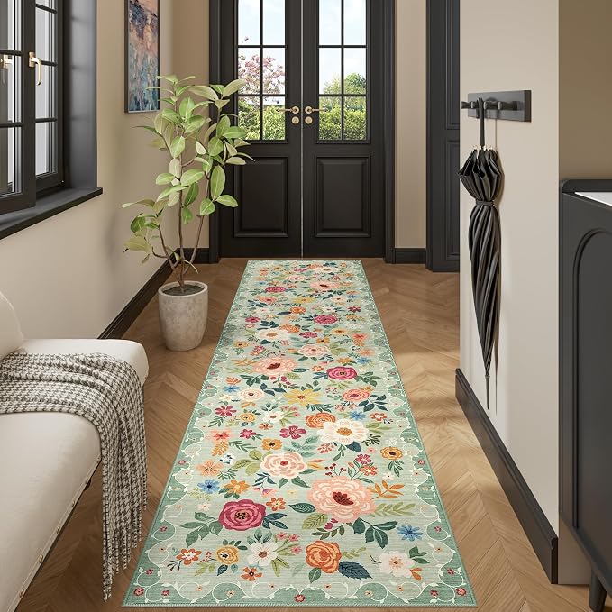 DUKINO Runner Rug for Hallway, 2.6x10 Washable Floral Long Kitchen Rug with Non Slip Backing, Boho Lightweight & Stain Resistant Soft Runners for Indoor Entrance, Laundry, Living Room, Bedroom, Green