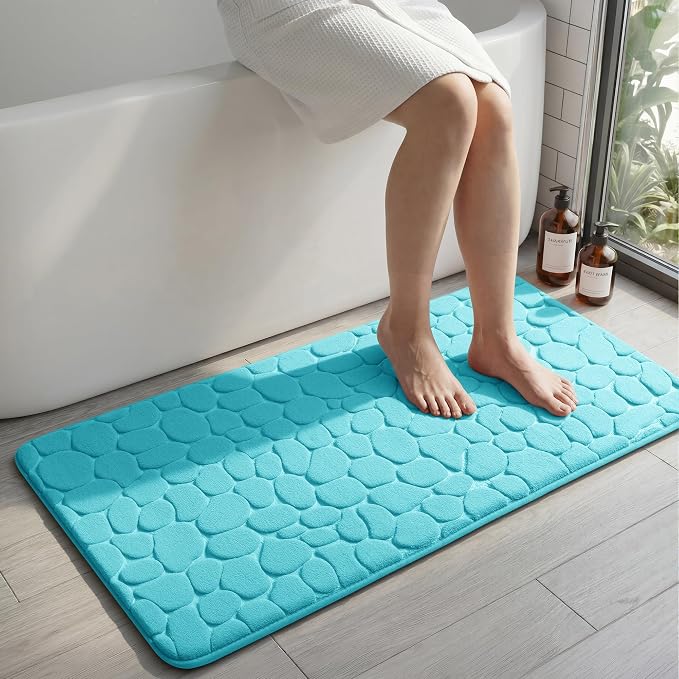 YIHOUSE Memory Foam Runner Rug, Cobblestone Bathroom Runner Rugs Super Water Absorbent Bath Mats for Bathroom Machine Washable Bath Rugs for Hallway Bedroom Laundry Room(24 x 47,Teal)