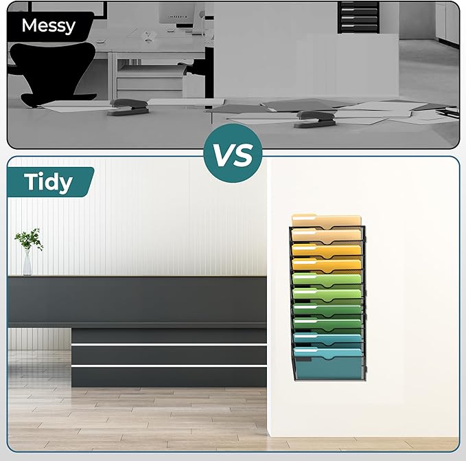 SUPEASY 10 Tier Wall File Organizer, Hanging Wall Mounted Mail Organizer with Label Slots, Metal Mesh File Holder Magazine Rack for Office, Home, School or Classroom, Black