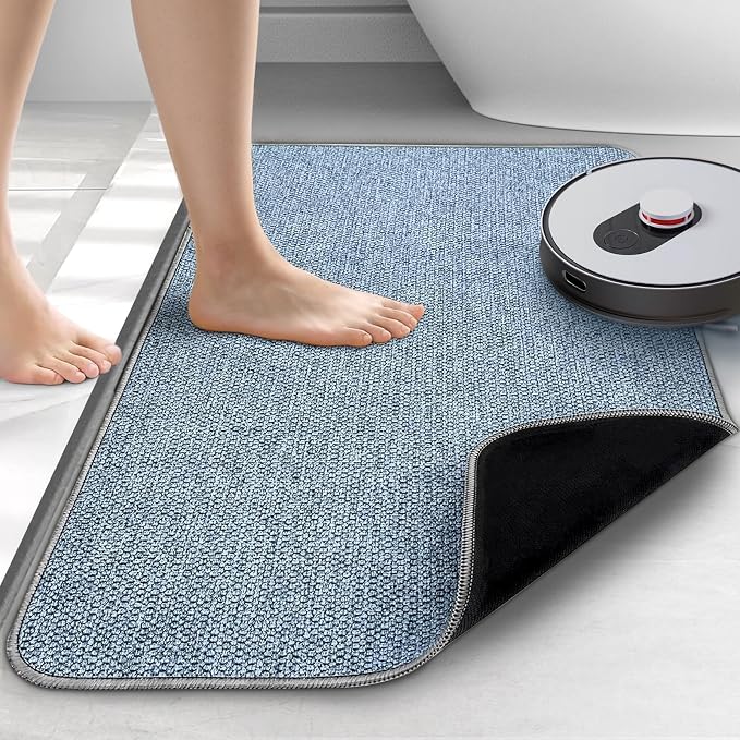 Upgraded Bath Mat 24x36Inch, Thin Bath Mats Rugs with Rubber Backing Non-Slip, Absorbent,Quick Dry Machine Washable, Home Decor Accessories Cozy Cloth Bathroom Rugs fit Under Door/Sink/Tub/Shower-Blue