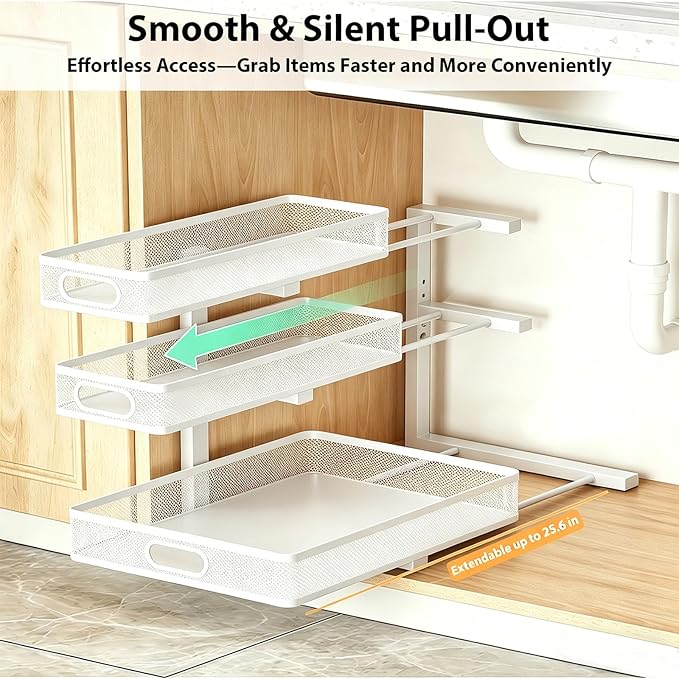 2 Pack Under Sink Organizer, 3-Tier Pull Out Kitchen Cabinet Organizer, Height Adjustable Metal Slide Out Bathroom Storage Makeup Drawer Rack for Bedroom Office Laundry Pantry Home Organization, White
