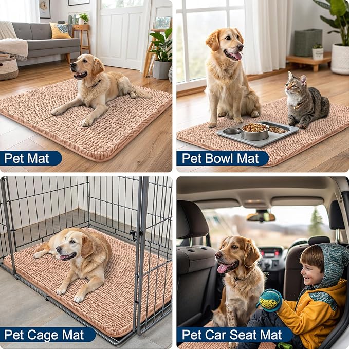 Smiry Dog Door Mat for Muddy Paws 30x20, Absorbent Dirt Trapper, Non-Slip Washable Chenille Entryway Rug for Inside Floor, Peach, Classic Solid